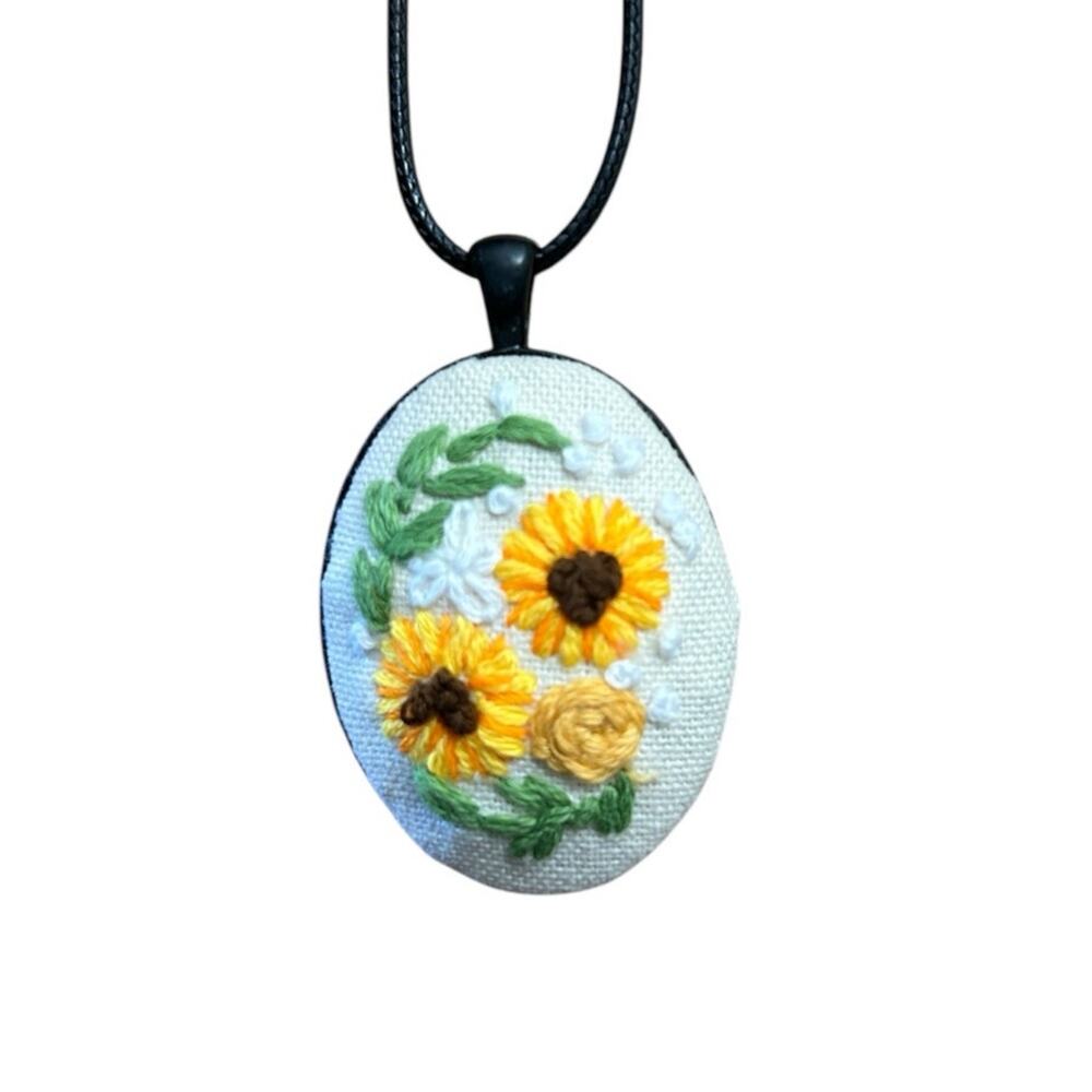 Bright Sunflowers Floral Embroidery Necklace - Handmade Pendant